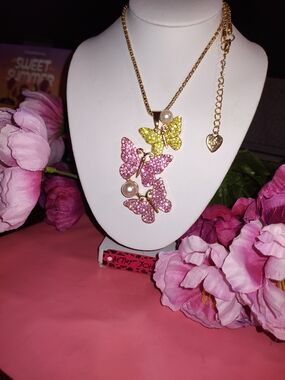 Betsey Johnson Gold-Plated Pink & Gold Butterfly Pendant Necklace